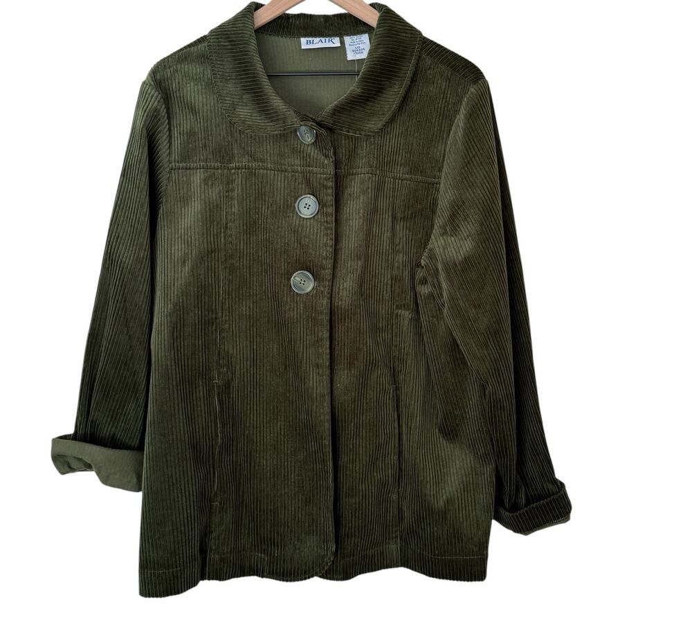 Blaire Woman's Size L Corduroy Olive Green Vintage Button Collared Jacket